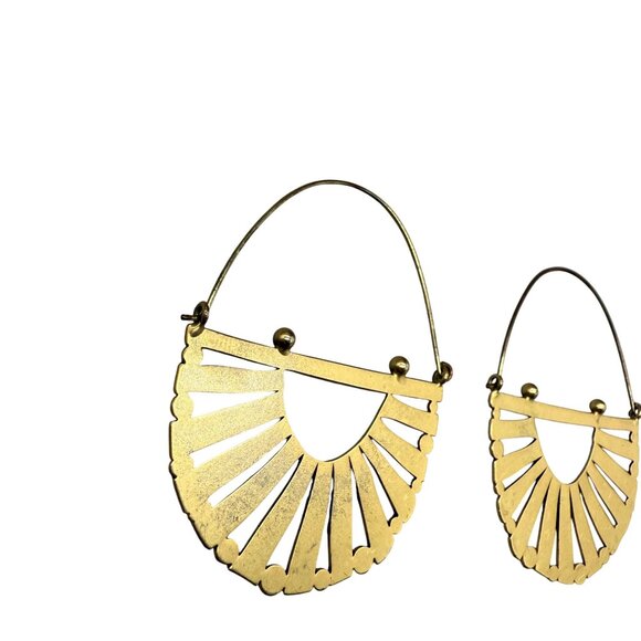 Boho Chic Openwork Fan Hoop Earrings Gold Tone Geometric Tribal Statement - Picture 2 of 7